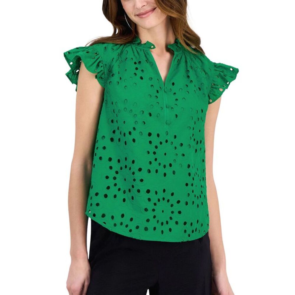 Anne Klein Womens Cotton Flutter-Sleeve Eyelet Blouse Medium Tropical Green NWT